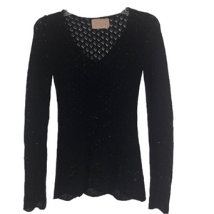 Buffalo David Bitton Vintage Mesh Knit V-Neck Top Sheer Scalloped Black XS